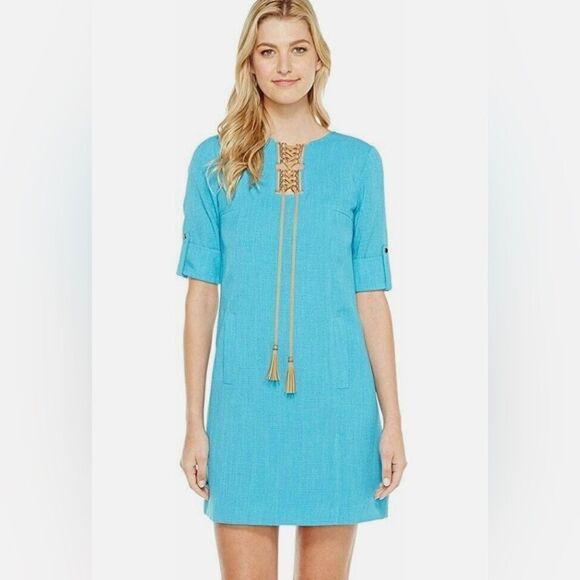 Tahari ASL bright turquoise woven gold hardware tasseled lace up bodice shift. 6 - Picture 1 of 9